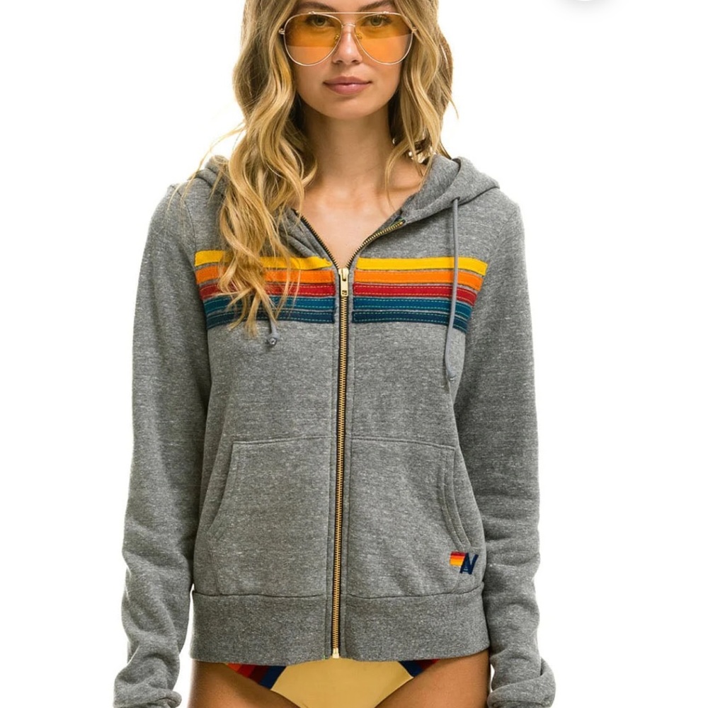 Aviator Nation Gray Long Sleeve Hoodie with Blue Accents